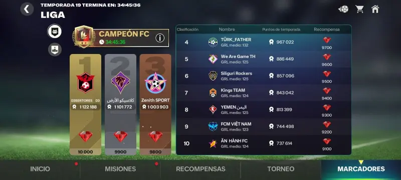 Evidencia de mi llegada al rango Campeón FC en FC Mobile actualmente jugando con la formación 4-3-3 en la temporada 19
